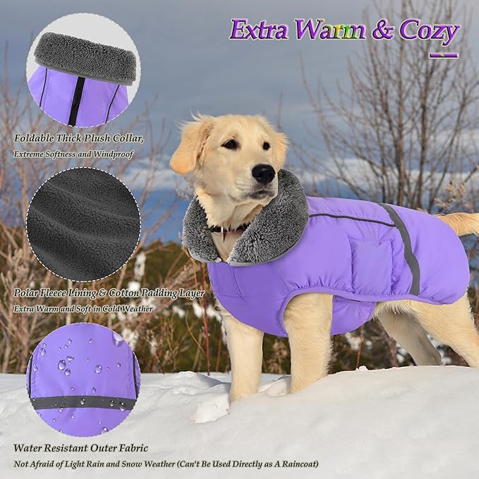 Dogcheer Warm Dog Coat, Waterproof Dog Jacket Christmas Puppy Winter Coat with Buckle, Reflective Adjustable Pet Snow Jacket Fleece Sweater for Small Medium Large Dogs - Taro Purple XL