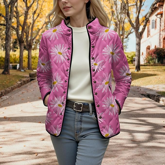 LIZALIG Women's Cropped Puffer Jacket Lightweight Floral Print Long Sleeve Padded Quilted Puffy Cardigan Coat