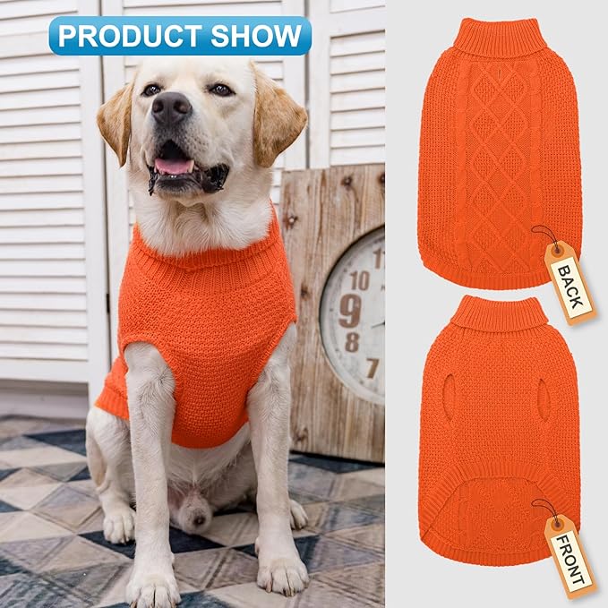 Mihachi Turtleneck Dog Sweater - Winter Coat Apparel Classic Cable Knit Clothes with Leash Hole for Cold Weather, Ideal Gift for Pet in New Year Orange Medium