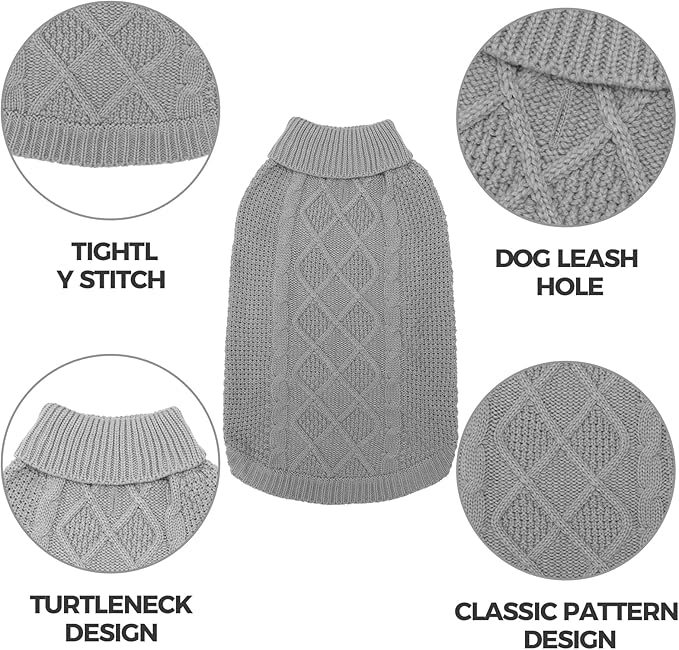 Mihachi Turtleneck Dog Sweater - Winter Coat Apparel Classic Cable Knit Clothes with Leash Hole for Cold Weather, Ideal Gift for Pet in New Year Grey L