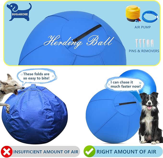 Herding Ball for Dogs - 18" Medium Herding Ball with Anti-Burst Cover and Pump, Outdoor Dog Exercise Toy for Australian Shepherd, German Shepherd, Collie (Blue)