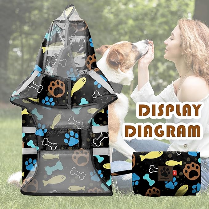 Dog Raincoat, Adjustable Rain Jacket with Hooded Double Layer for Large Medium Small Dogs Puppies, Lightweight Waterproof Rain Coat Poncho with Reflective Stripe Paw Print Black,M
