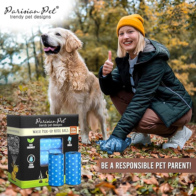 Parisian Pet Ecofriendly Dog Poop Bags Rolls - 320 Count Unscented Poop Bags For Dogs - Leakproof, Extra Thick, 16 Dog Waste Bags Refill Rolls - Polka Dot Blue Doggie Poop Bags - Fits All Dispenser