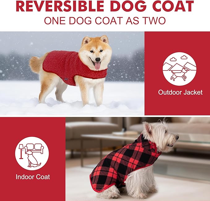 cyeollo Small Dog Coat, Sherpa Dog Winter Coat Reversible Warm Fleece Dogs Jackets Sweater Vest for Small Dogs Male with Leash Hole, Soft Cold Weather Pet Clothes, Buffalo Plaid L