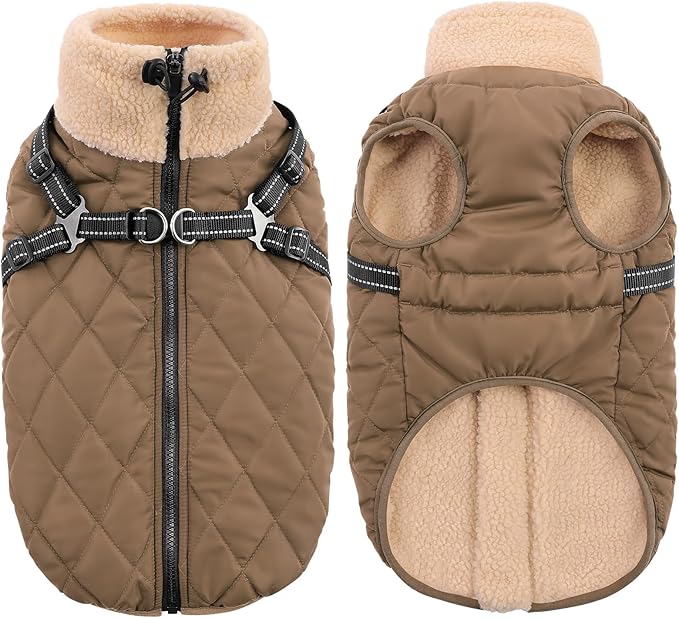 Queenmore Dog Coats for Large Dogs, Dog Jacket, Warm Fleece Winter DogCoat with Harness Built in, Back Zipper Pet Jacket for Large Breeds, Thick Fleece Lining Pet Snowsuit, Brown 2XL