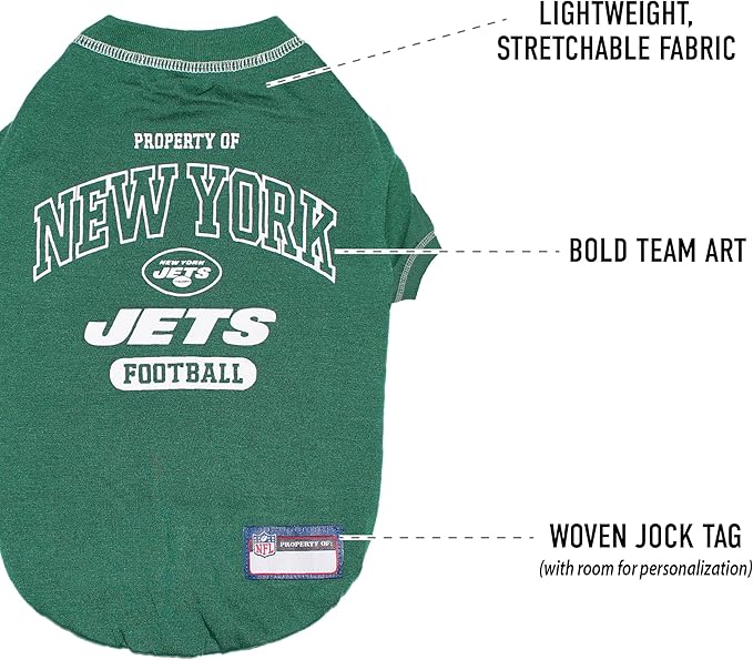 NFL New York Jets Dog T-shirt Medium. - Licensed Shirt for Pets Team Colored with Team Logos- Premium Stretchable Materials for the comfort of your Dog & Cat