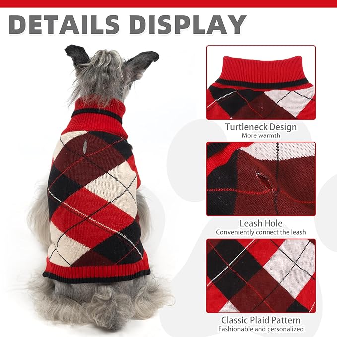 KOOLTAIL Dog Sweater Pet Knitted Clothes-Classic Plaid Pullover Turtleneck Red Fleece Dog Christmas Sweaters with Leash Hole, Thick Warm Dog Winter Clothes for Small Medium Large Dogs Cats Puppy, ML