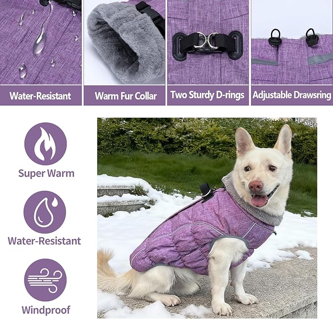 Malier Dog Coat, Reflective Dog Jacket Waterproof Windproof Puppy Cold Weather Coats with Harness Built in, Winter Extra Warm Pet Coat Fleece Vest for Small Large Pets and Puppy (Purple, X-Large)