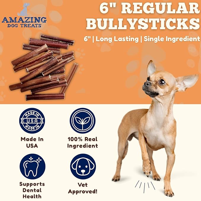 Amazing Dog Treats - 6 Inch Medium Size Bully Sticks (100 Count) - Bulk Bully Sticks for Dogs - No Hide Bully Stick Dog Bones