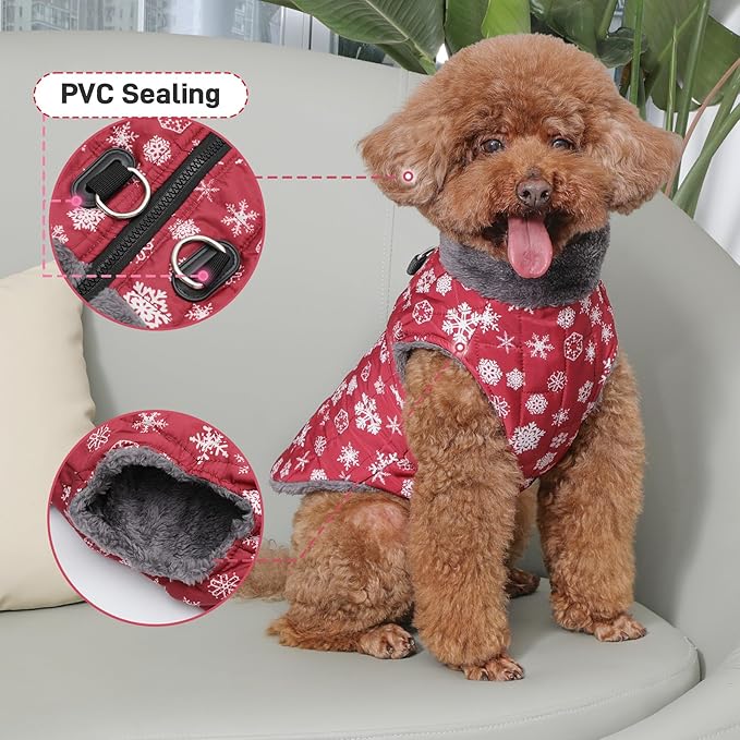 Warm Fleece Dog Coats with Durable Harness Buitl in D-Ring,Waterproof Puppy Jacket for Small Dogs,Dog Vest for Cold Winter,Red,Snow Pattern S