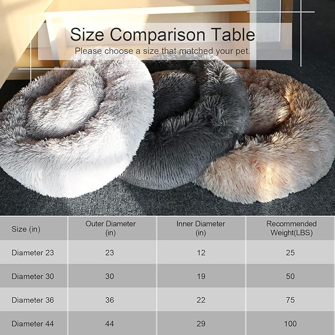 Dog Bed, Cat Calming Bed, Faux Fur Pillow Pet Donut Cuddler Round Plush Bed for Large Medium Small Dogs and Cats (Light Grey, 44.0" L x 44.0" W x 7.0" Th)
