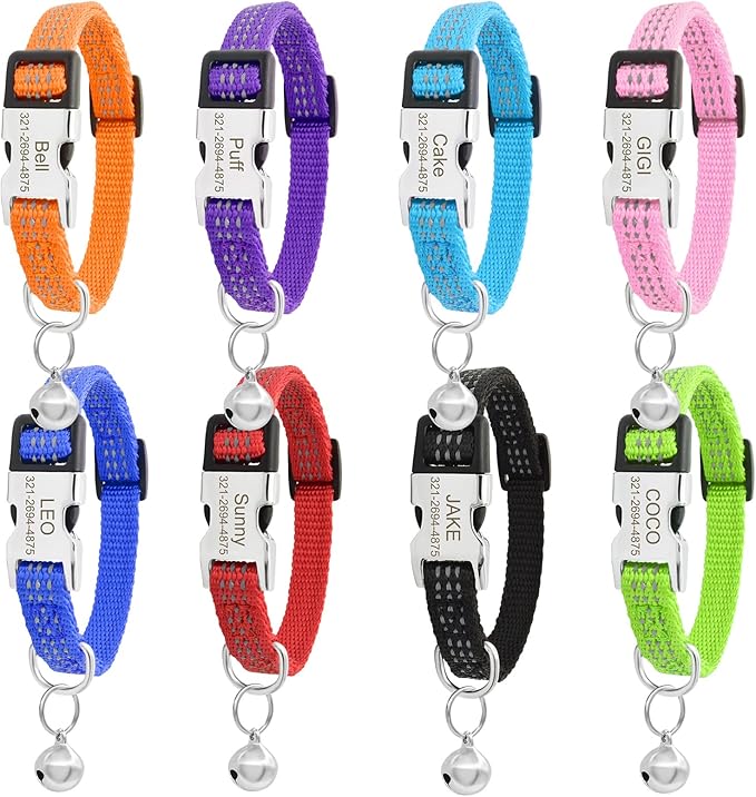 Personalized Reflective Nylon Cat Collar with Name Phone,Custom Engraved Buckle Cat Collar with Bell,Adjustable for Small Dogs Puppy Kitten (Pink,fit 7.5''-12.0'')