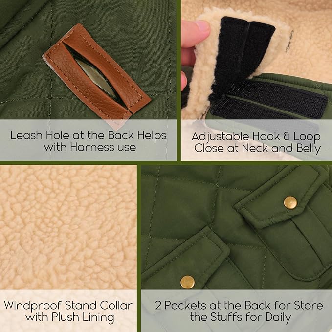 ASENKU Warm Dog Winter Coat, Waterproof Dog Coat for Cold Weather, Fleece Dogs Jacket with Ultra Thick Plush Lining Leash Hole Storage Pockets for Large Dogs (Green, Large)