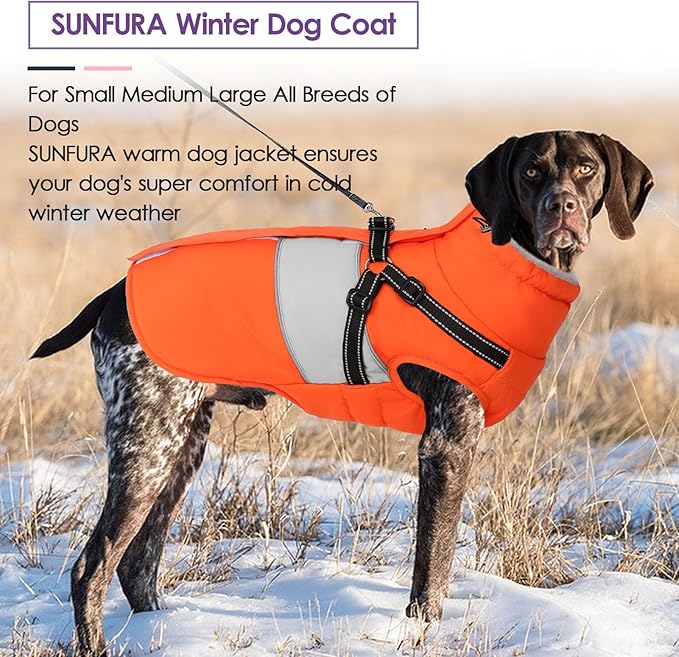 SUNFURA Small Dog Coat with Harness Built in, Warm Dog Jacket Winter with Zipper On Back, Waterproof Pet Snow Jacket Snowsuit Pet Sweater Clothes for Puppy, Orange XS