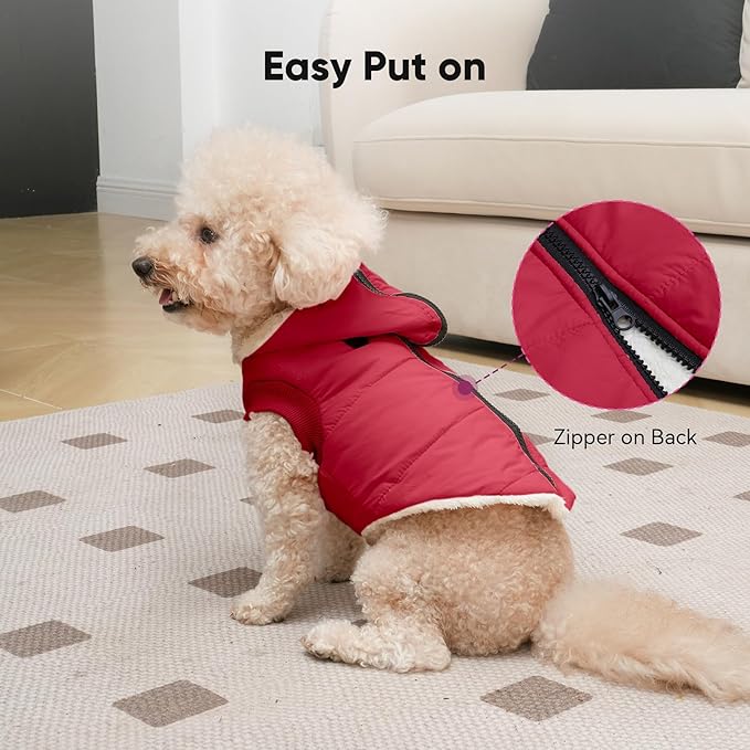 Fleece Lining Dog Hoodie with Harness Built in,Extra Warm Small Dog Jacket in Winter Puppy Coats with Hooded,Red XS
