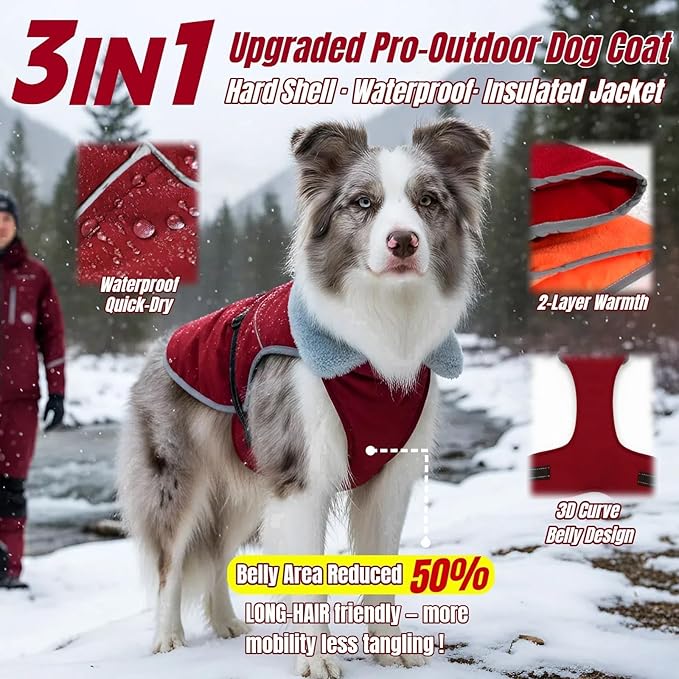 Insulated Relaxed Fit Dog Winter Jacket with Full-Body Reflective Strip, Hard Shell Pet Coat for Outdoor, Waterproof & Adjustable Coats for Large Dogs, Soft Fur Collar Clothes for Beagle(Wine, XL)