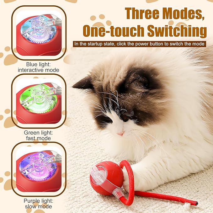 Interactive Cat Toys Ball for Indoor Cats, 2025 Newly Upgraded Automatic Rolling Balls, Moving Cat Ball with Elastic Mesh Tail, Kitten Toys for for Bored Indoor Adult Cats/Dog (Yellow)