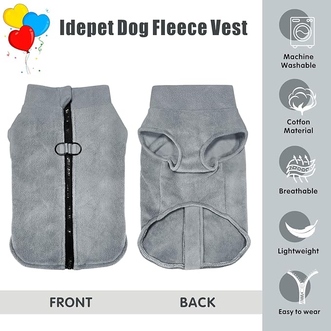 Idepet Dog Fleece Vest Sweater Zip Up Warm Pullover Dogs Jacket with D-Ring Leash Winter Cold Weater Coat Pet Sweatershirt Clothes Hoodie for Small Medium Dogs Boy Girl (Gray, XXS)