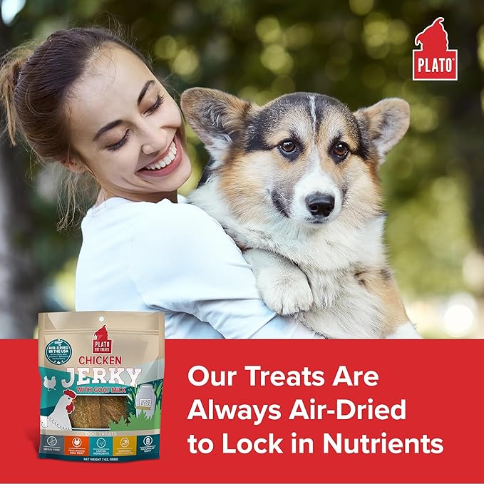 PLATO Pet Treats Dog Treats - Air-Dried Jerky - Delicious, Real Meat - Grain Free - Supports Healthy Digestion - Chicken with Goat Milk 7oz