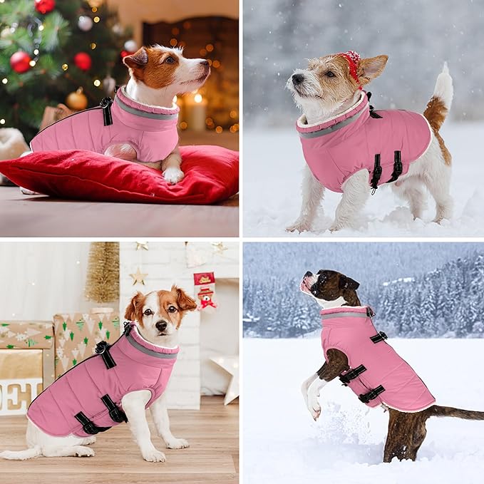 Dogcheer Dog Coat with Harness, Waterproof Dog Jacket Adjustable Winter Coat with Zipper, Christmas Puppy Snow Jacket Fleece Sweater for Small Medium Large Dogs - Light Pink XL