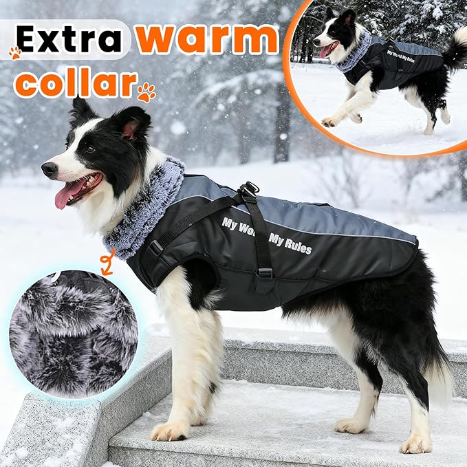 Dog Coat for Medium Large Dogs,Waterproof Reflective Dog Winter Jacket with Harness, Fleece Snowsuit,Warm Pet Winter Coat(Reflective white-5XL)