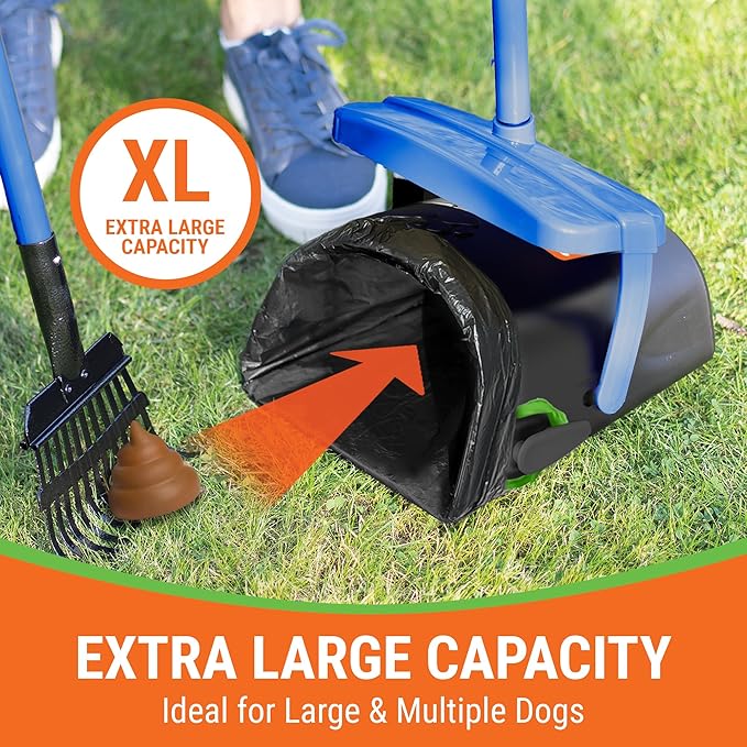 Pupzle Dog Pooper Scooper with Bag Attachment, 40" Long Handle Pooper Scooper for Large Dogs, Dog Poop Scoop for Yard, Large Capacity Swivel Bin and Rake, Lavender Scented Bags (Blue)