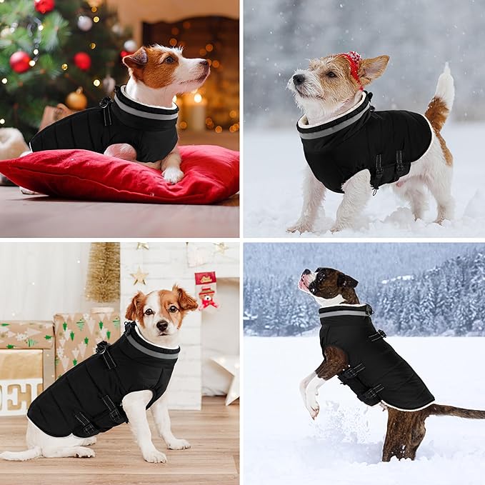 Dogcheer Dog Coat, Waterproof Dog Jacket with Harness, Reflective Adjustable Winter Coat with Zipper, Christmas Pet Snow Jacket Clothes for Small Medium Large Dogs - Black XL