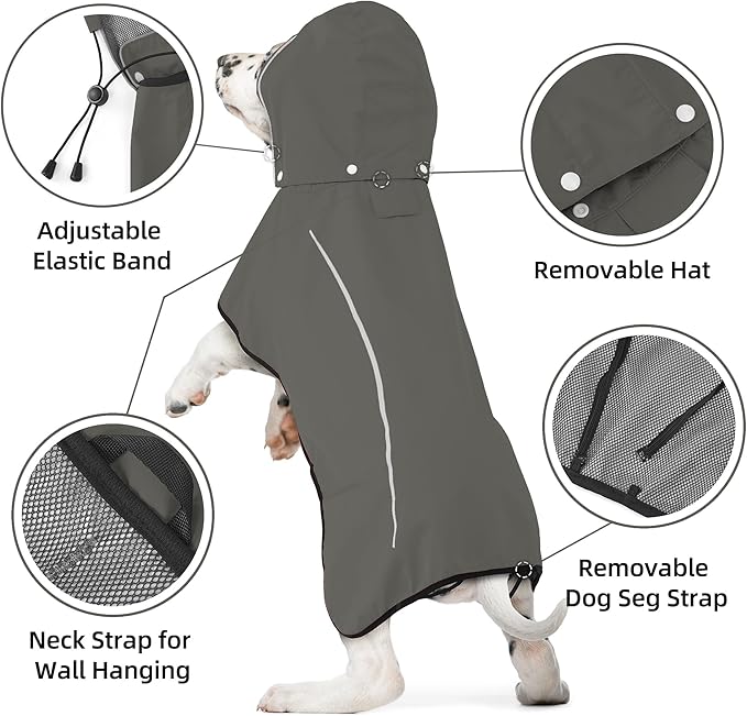 Mile High Life Dog Raincoat, Adjustable Waterproof Pet Rain Jacket, Reflective Hooded Poncho for Small Medium Large Dogs, Lightweight Breathable Pet Rain Coat (Dark Gray,XS Chest 15"-18")