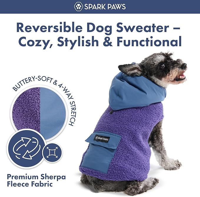 Spark Paws Reversible Dog Sweater, Sherpa Vest with Warm Fleece Lining, Warm Coat for Winter, Suitable for Small Medium, Large, XL XXL Dogs - Purple and Navy Blue - L