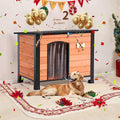 Outdoor Dog House, Small Wooden Dog House with Anti Bite Iron Frame Weatherproof Finish Outside Paw Print Dog Crate for Small and Medium Dogs,Orange
