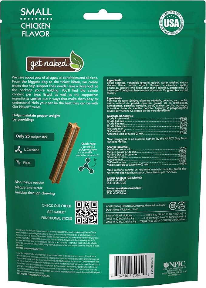 Get Naked Grain Free 1 Pouch 6.2 Oz Weight Management Dental Chew Sticks, Small