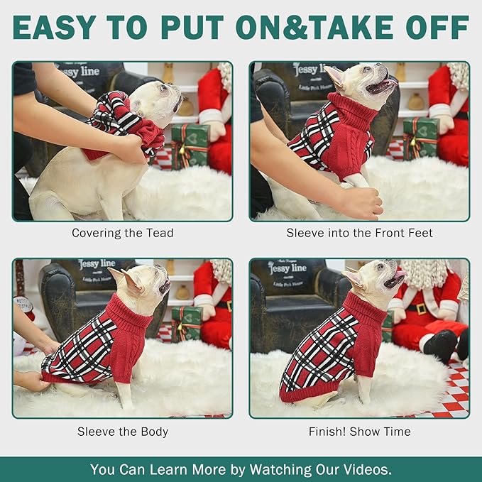 SCENEREAL Turtleneck Dog Sweater for Small Medium Large Dogs Girls Boys, Christmas Plaid Pullover Puppy Sweatershirt, Dogs Cold Weather Outfit Clothes, Ideal Gift for Pet in New Year, Green Plaid S