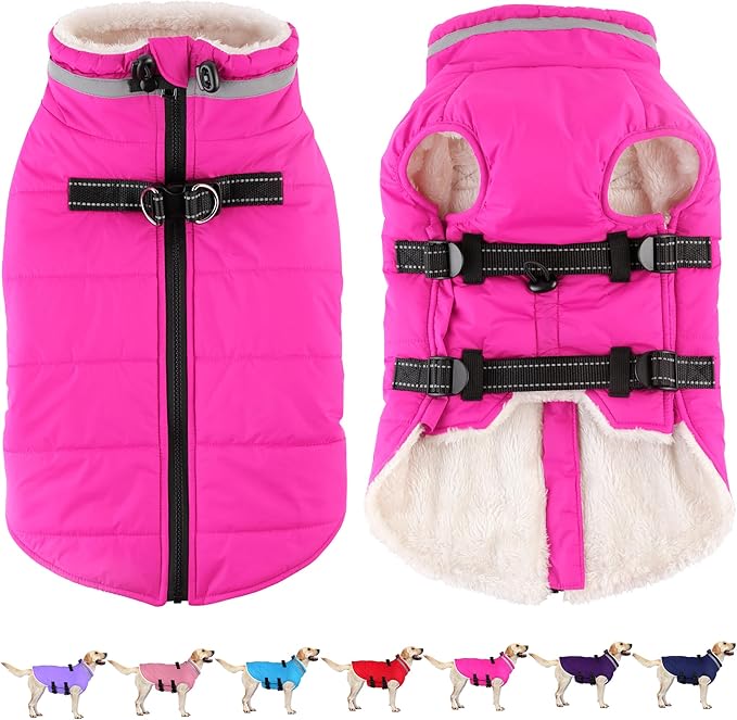 Dogcheer Dog Coat, Waterproof Dog Jacket with Harness, Reflective Adjustable Puppy Winter Coat with Zipper, Christmas Snow Jacket Clothes for Small Medium Large Dogs - Pink 3XL
