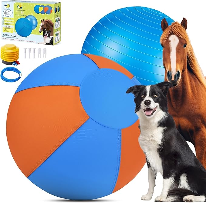 Herding Ball for Dogs - 25" Large Herding Ball with Anti-Burst Cover and Pump, Outdoor Dog Exercise Toy for Australian Shepherd, German Shepherd, Collie (Blue & Orange)