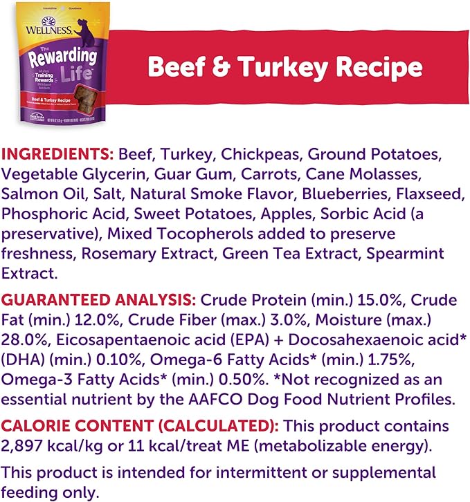 Wellness Rewarding Life Dog Treats, Training Treat, Grain Free, Soft Beef & Turkey (6 Ounce Bag)