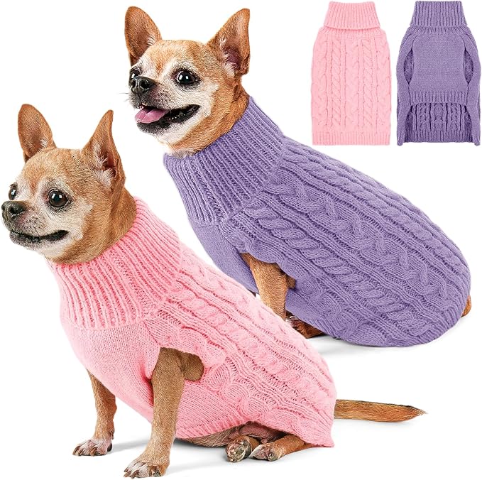 2 Pack Dog Sweaters for Small Dogs Turtleneck Pullover Cable Knit Puppy Stretch Clothes Chihuahua Yorkie Pomeranian Toy Poodle Boy Girl Pets Winter Doggie Clothes (XS, Pink & Purple)