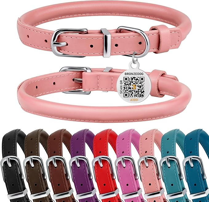 BRONZEDOG Rolled Leather Dog Collar for Small Medium Large Dogs with QR ID Tag (L: 16-18 Inch, Powder Pink)
