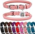 BRONZEDOG Rolled Leather Dog Collar for Small Medium Large Dogs with QR ID Tag (L: 16-18 Inch, Powder Pink)