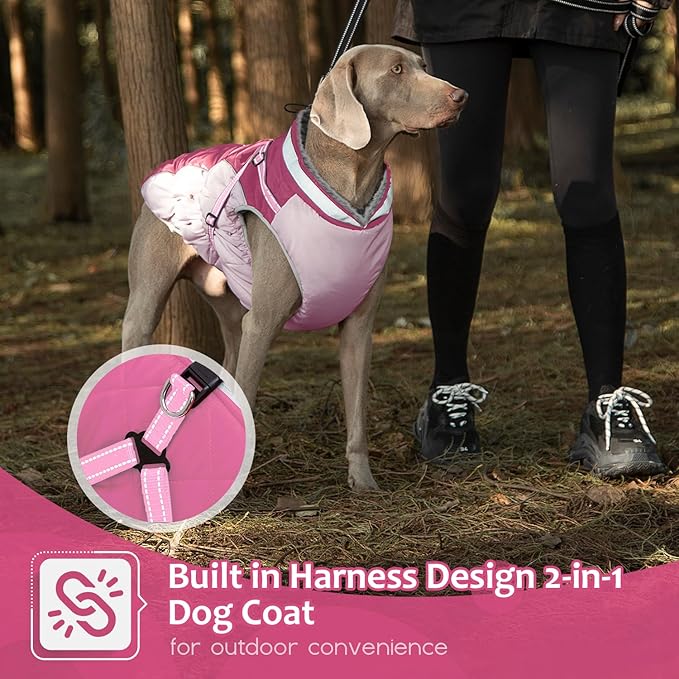 Dog Winter Coat with Harness, Dog Jacket, Pet Clothes with Zipper on Back, Waterproof Windproof Warm Vest, Reflective Cold Weather Coats, for Small Medium Large Dogs, Thick, Pink, S