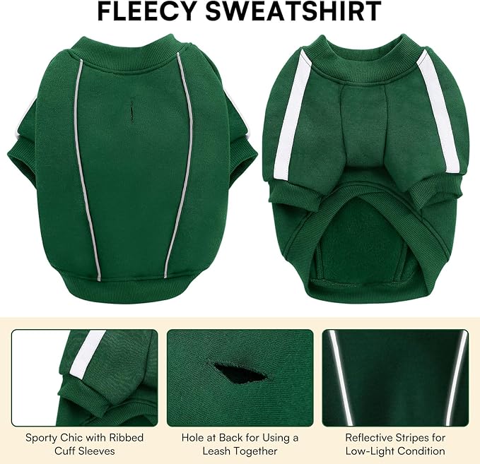 Queenmore Small Christmas Dog Sweater, Cozy Fleece Dog Sweatshirt, Warm Winter Fleece Jacket for Small, Medium & Large Dogs with Leash Hole/Reflective Stripes Green