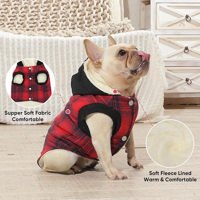 Fleece Lining Dog Hoodie for Small Dogs Extra Warm Plaid Sweater with Drawstring Hooded Coats in Winter Puppy Jacket,Red XS