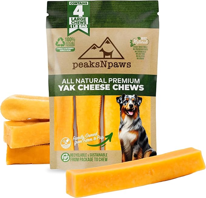 peaksNpaws Yak Cheese, High Protein, Himalayan Dogs Chews, Natural Dog Treats, Lactose Free, Long Lasting Dogs Treat for Aggressive Chewers Under 55 lbs, 4 Large Chew Sticks
