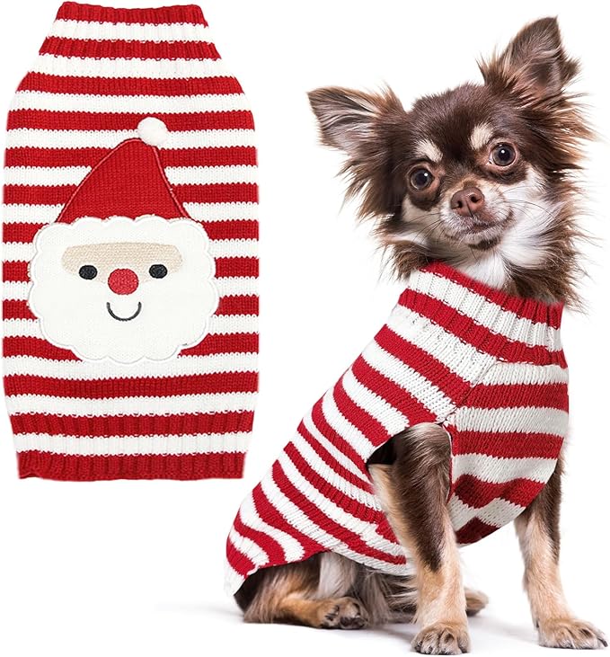 PETCARE Santa Dog Sweater Christmas Funny Cute Red Striped Cat Sweater Vest Pet Holiday Dog Clothes Puppy Sweaters for Small Medium Large Dogs Cats Fall Winter Outfits Xmas Dogs Costume,XX-Small