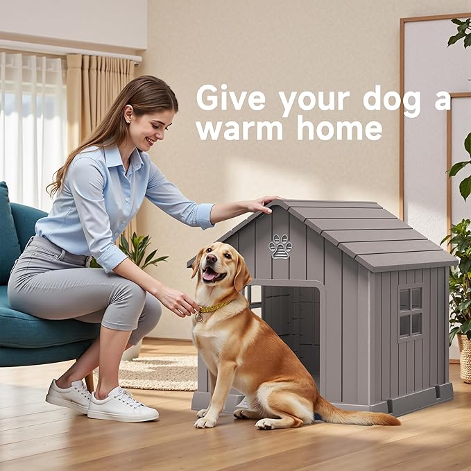 Vixzen 38in Large Outdoor Dog House,Durable Water Resistant Resin Dog House,Doghouse for Small to Large Dogs Indoor or Outside,with Air Vent and Elevated Floor,Gray