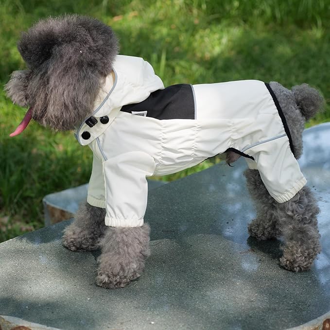 LOVELONGLONG Waterproof Dog Raincoat with Removable Hood – Outdoor Full Body Dog Jacket, Windproof Snowproof Shell Suit – All Season Pet Rain Gear Ivory M