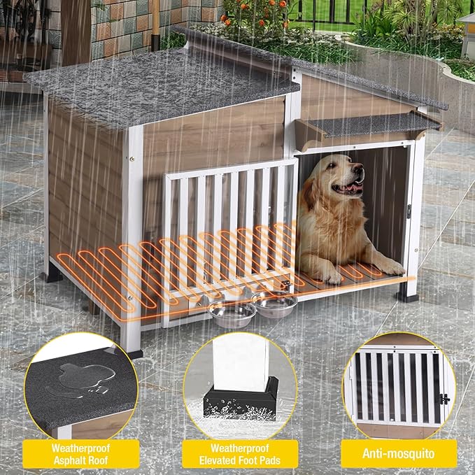 Chew-Resistant Dog House with Metal Frame, Wooden Kennel for Indoor & Outdoor Use, Waterproof Roof & Feeding Bowls Included (Brown, L-in)