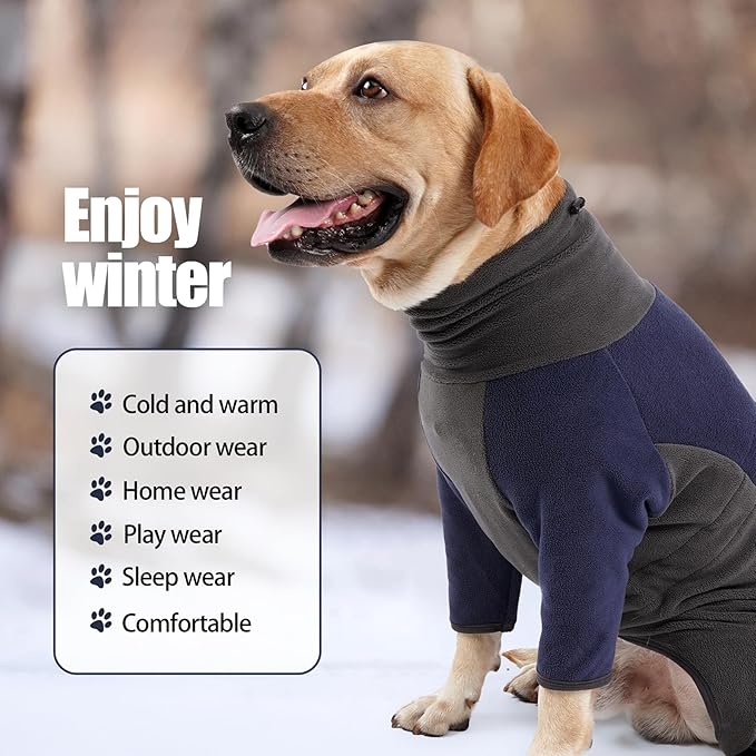 Winter Coat for Dogs - Warm Fleece Jacket, Windproof Pullover Jumpsuit, Fullbody Pajamas Onesie, Cold Weather Clothes for Medium Large Dogs (3XL, Blue)
