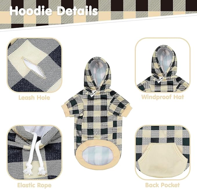 KOOLTAIL Plaid Dog Hoodie Pet Clothes Sweater with Hat and Pocket for Small Medium Large Size Dogs, Soft Winter Warm Dog Cold Weather Coat, Fleece Fall Dog Hooded Sweatshirt for Puppy Cats,BeigeXL/XXL