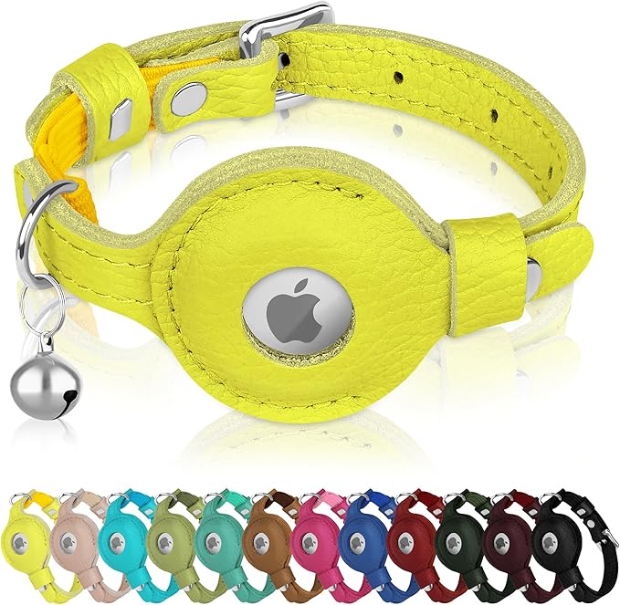 OOPSDOGGY Cat Collar for AirTag Holder, Leather Kitten Collars with Elastic Strap & Bell, Non Breakaway Adjustable Small Pet Collars for Indoor & Outdoor for Boy, Girl (Yellow)