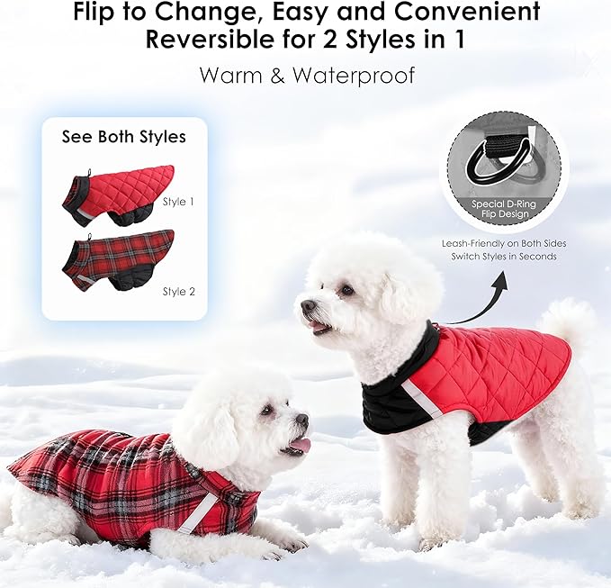 Quilted Dog Winter Coat, Plaid Lined Reversible Vest, Reflective Safety Strip, Cold Weather Pet Apparel Red S